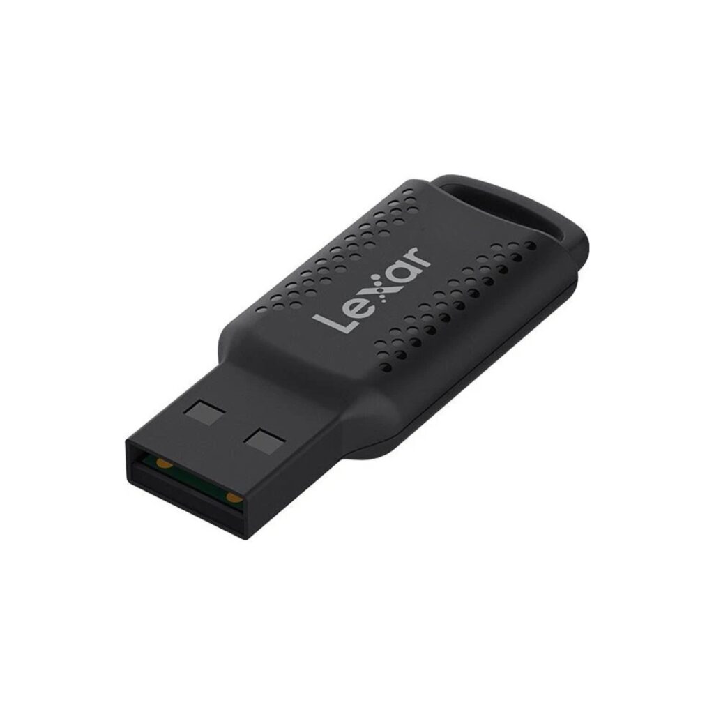 Black USB flash drive with a perforated grip, cap removed to reveal the connector.