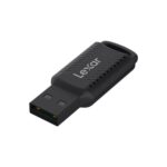 Black USB flash drive with a perforated grip, cap removed to reveal the connector.
