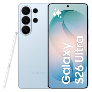 Samsung Galaxy S23 Ultra with S Pen shown from back and front, light blue finish and large edge-to-edge display.