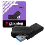 Kingston 64GB USB 3.0 flash drive, black body with blue USB connector, shown with purple Kingston packaging.