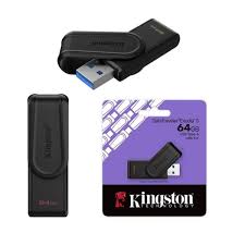 Kingston 64GB USB flash drive with black cap, shown next to its packaging.